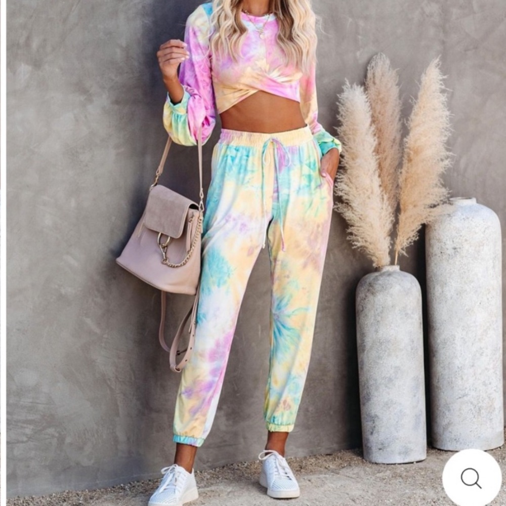 VICI Jamboree tie dye twist knit crop top and joggers